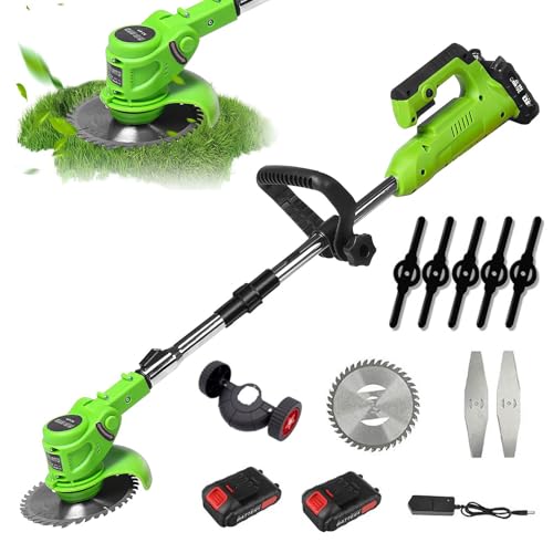 DéBroussailleuse à Batterie Electrique 21V, Coupe Bordure sans Fil avec 2x2000mah Batterie, 8 Lames, Télescopique, Roulette auxiliaire, Debrouissalleuses Batterie pour Jardin,Pelouse,Ferme (2x2000mah)