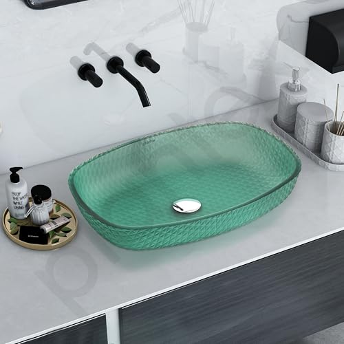 Image of Plantex Luxury Glass Basin /Table Top Matt Wash Basin Over Counter /Countertop Basin for Bathroom & Living Room (Green - 21 x 15.5 x 4 Inch)