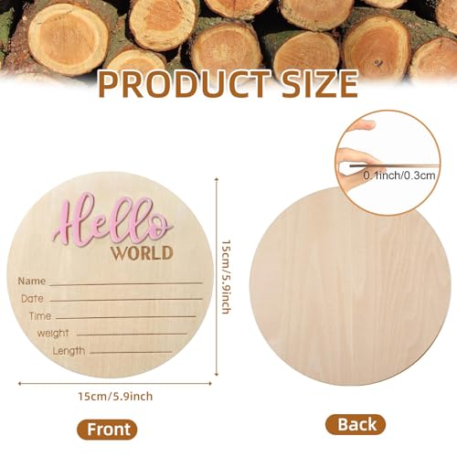 Image of Baby Announcement Sign - 5.9 Inch Wooden Hello World Newborn Sign, Birth Announcement, Baby Shower Hospital Nursery for Newborn Boys and Girls (Pink)