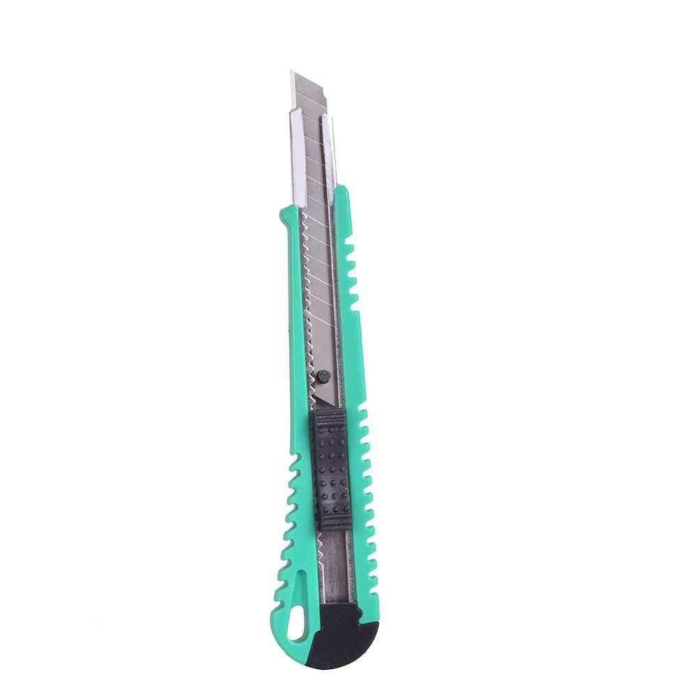 9mm retractable cutter, stainless steel guide, ergonomic design, safe, ideal for precision cutting and crafting.