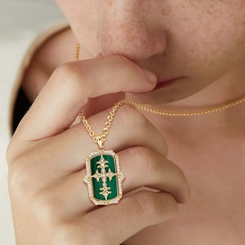 Fettero Necklaces for Women Trendy 14K Gold Plated Charm Necklace Green Malachite Heart Coin Butterfly Cross Clover Pendant Dainty Gold Necklace for Women Jewelry