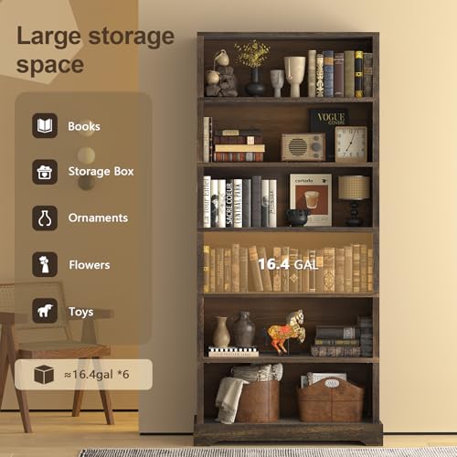 Image of TVU 6-Tier Wooden Book Shelf, Floor-Standing Display Bookcase, 77.2 inch H x 31.5 inch W x 11 inch D Bookshelf, Farmhouse Style Book Case with Arched Base, Suitable for Living Room, Study, Office, Walnut