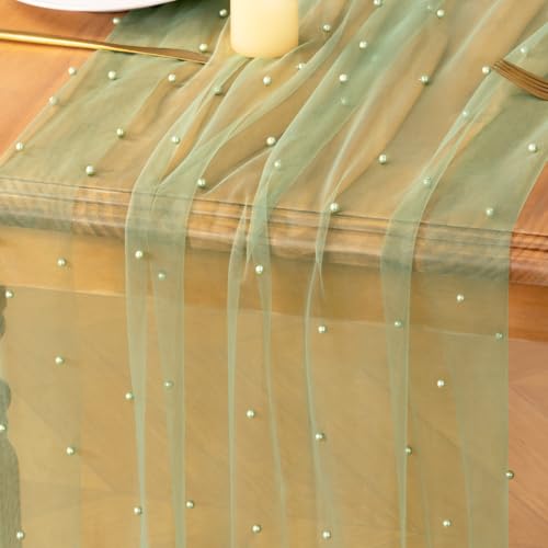 Image of MLMC Sage Green Pearl Table Runner Boho Rustic Tulle Table Runner with Pearls 10ft 29 inchx120 inch Cheesecloth Table Decor for Wedding Bridal Shower Anniversary Home Decoration