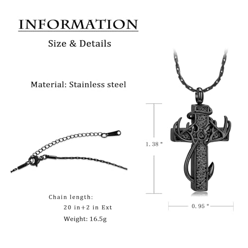constantlife Cross Urn Necklace for Ashes for Women Men Fish Hook Memorial Pendant Deer Antler Cremation Jewelry Human Pet Ashes Holder Keepsake2