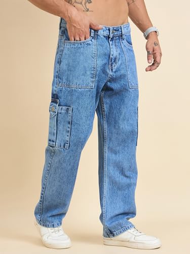 Image of STUDIO NEXX Men's Baggy fit Denim Cargo Pants |Non Stretchable| Wide Leg Jeans| Cargo Jeans|Baggy Cargos for Men