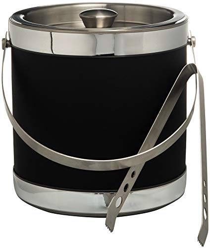 Hand Made In USA Black Wrap Double Walled 3-Quart Insulated Ice Bucket With Ice Tongs Leatherette Collection