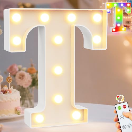 Image of Pooqla LED Light Up Letters, Warm White and Colorful Lighted Marquee Letters with Remote, Lighted Letter for Party Birthday Decorations, Gift for Girls Boys Night Light, Wedding Home Decor, Letter T
