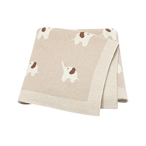 LAWKUL Baby Blankets for Newborn 100% Cotton Knitted Elephant Soft Blanket Airy for Boy Girl Beige Pram/Mose Basket(90x70cm)