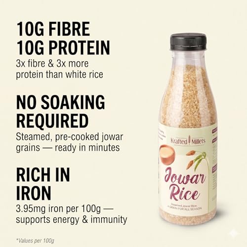 Image of Krafted Millets Steamed Jowar Rice (Sorghum) - 3x Fiber, 2x Protein vs Rice | Gluten-Free, Low GI, Diabetic & PCOS Friendly | Iron-Millet | Cooks Like in 15 Min | Jowari / Jonna / Jola / Cholam (Pack of 1 x 380g)