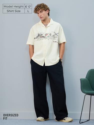 Image of The Souled Store Earthbound Hawaiian Shirt: Men and Boys Short Sleeves Collared Neck Embroidered Cotton Blend Oversized Casual Shirt