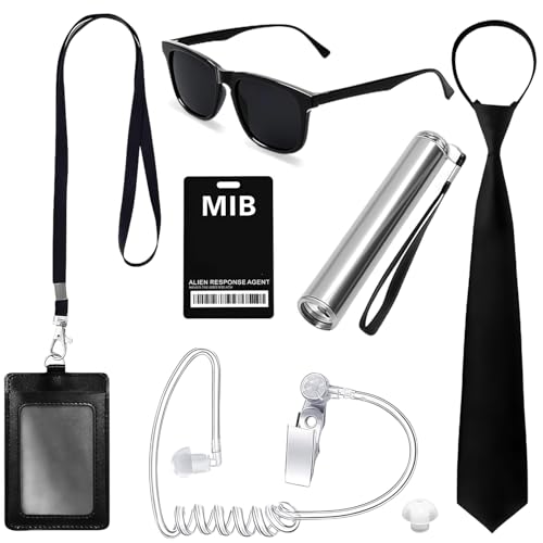 XECCUS 7 Stück Men in Black Kostüm Mib Accessories Agent Kostüm Zubehör Alien/Security/Geheimagent/Geheimdienst Spion/FBI Costume mit schwarze sonnenbrille Krawatte Headset Ausweis Taschenlampe