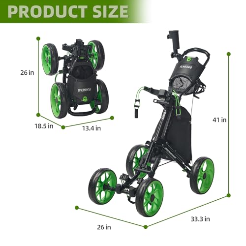 Image of Golf Push Cart 4-Wheels,Folding Golf Cart, Golf Pull cart with Cup Holder,Umbrella Holder,Cooler Bag, Foldable with one-Click,Handle Height Adjustable,Drink Holder,Walking Push cart