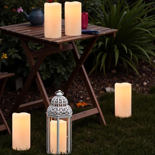 Image of Eldnacele 8 inch x 4 inch Waterproof Outdoor Large Flameless Candles Remote and Timer, Battery Operated White Plastic LED Flickering Pillar Candles 2 Pack Dinner Wedding Porch Garden Lanterns Home Decor