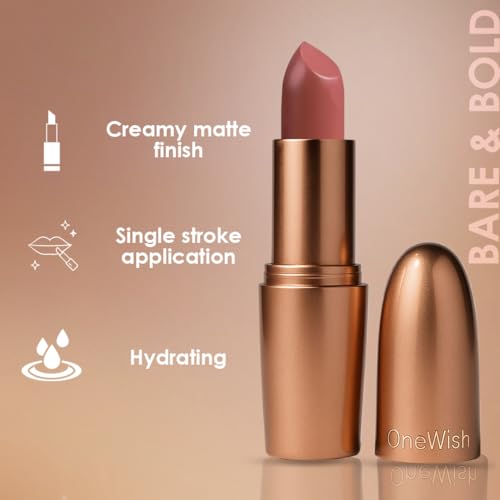 Image of One Wish Creamy Matte Lipstick Long Lasting for Women - Bare & Bold Shade 07 | Full Coverage | Creamy Formula | Vitamin E, Almond Oil & Shea Butter for Moisturising Lip | 8 Hrs Lasting | Smooth Finish | 3.8 gm