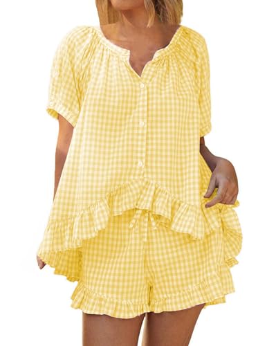 Womens Gingham Pajama Set 2 Piece Cotton Short Sleeve Plaid Ruffle Pjs Outfits Lounge Babydoll Shirt Sleepwear