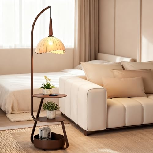 間接照明 和風スタンド フロアランプ、Cutdred ベッドサイドランプ、 ベッドサイドランプ 読書灯 3 色調光 ガラスシェード 鉄 + ABS 製 110V 插電式 リビング・オフィス用 オレンジ光 装飾照明 収納バケツ付き読書灯、リビングルームやオフ