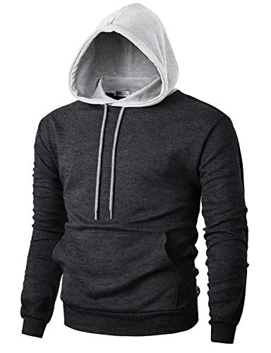 OHOO Men's Slim Fit Long Sleeve Lightweight Pullover Hoodie Combination With Kanga Pocket/DCF020-CHARCOAL/GREY-M