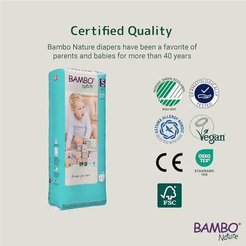 Image of Bambo Nature Hypoallergenic Baby Diapers, Eco-Labeled Diapers, Enhanced Leakage Protection, Totally Chlorine-Free, Skin Friendly, and Super Absorbent - Size 5 (132 Count)