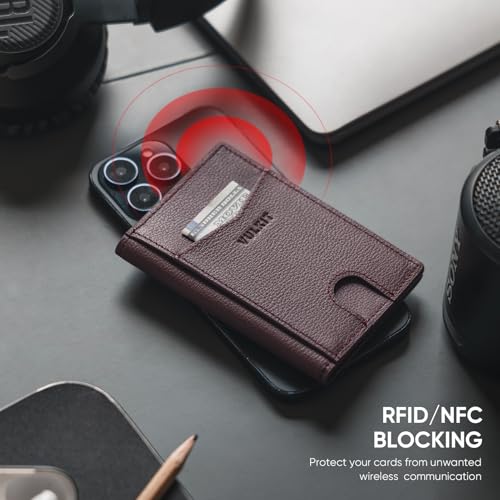 Image of VULKIT Bifold Front Pocket Slim Wallet RFID Blocking Minimalist Thin Genuine Leather Credit Card Holder Wallet for Men and Women Litchi Espresso