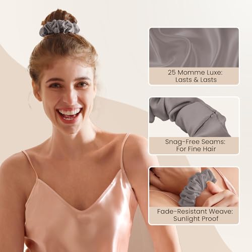 Image of THXSILK 100% Mulberry Silk Chunky Scrunchies 3-Pack, 25 Momme Mulberry Silk Hair Ties for Women, Thick Voluminous No Damage Hair Ties, Ponytail Holders for All Hair Types, Grey