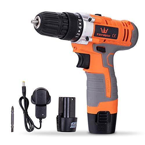 TOPWAY Perceuse à Percussion Visseuse sans fil 12V avec Mandrin Sans Clé 10mm, 2 x 1.5Ah Piles Lithium-ion, 2 Vitesses et Lumière LED, pour Mur de Briques...