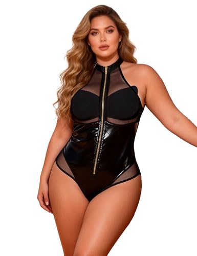 ohmydear Leder Bodysuit Sexy Damen Ärmellos Body Dessous Rückenfrei mit Reißverschluss PU-Leder & Mesh Unterwäsche Outfit Neckholder Teddy Bodysuits Reizwäsche Clubwear Schwarz XL