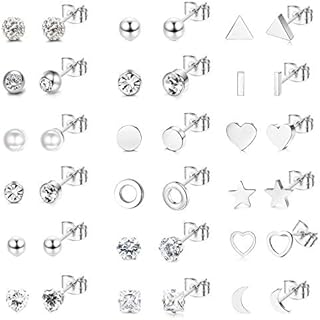 Milacolato 18Pairs Stainless Steel Stud Earrings for Women Small Stud Earring Set Multiple Geometric Tiny Ball Star Heart Pearl Piercing Ear Studs Cubic Zirconia Earrings for Girls