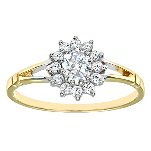 Elegano 9ct Yellow & White Gold Women’s Ring – Oval Cubic Zirconia Cluster Border Ring Size S