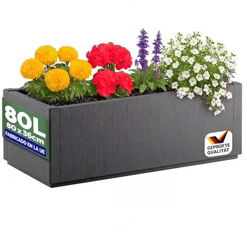 CASARIA® Jardinera Exterior 80L Macetero Rectangular Grande con Drenaje Integrado Resistente a la Intemperie Flores Plantas Cultivo Huerto Urbano Terraza Balcón Jardín Patio 80x36x35cm Antracita