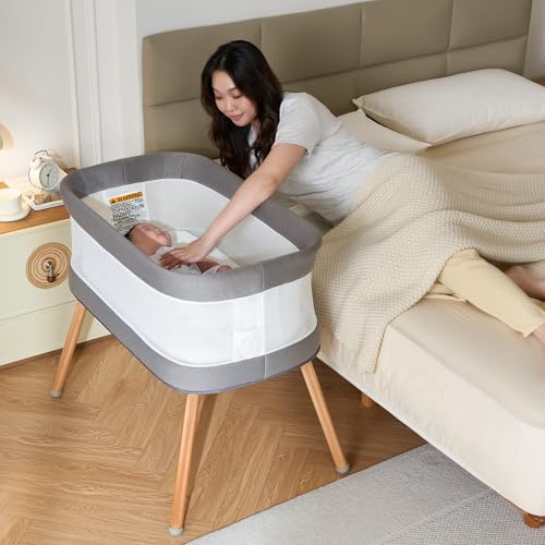 Image of VaVaSoo Automatic Rocking Bassinet, Electric Bassinet with 3 Speeds,Self-Rocking Sleeper Soothing White Noise, Electric Bedside Crib for Infants 0-6 Months, Solid Light Grey
