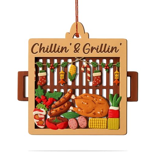 Enfeite de churrasqueira, ornamentos de madeira e acrílico de camada dupla à prova de estilhaçamento 3D, decoração engraçada de férias para árvore de Natal, presente para mestres de churrasco, pai