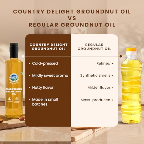 Image of Country Delight Groundnut Oil - 700 ML | Cold Pressed Non-refined Pure Groundnut Oil | Traditional Kohlu Extraction /Kacchi Ghani /Mara Chekku Style | Sweet Aroma & Flavor of Groundnut (Peanut) seeds | Double Filtered