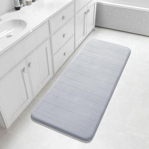 Yimobra Bathroom Runner 55"x24", Non Slip Memory Foam Bath Mat, Super Soft Water Absorbent Hallway Carpet, Machine Washable Rug for Vanity Tub Shower, Silver