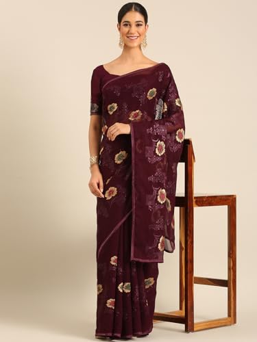 Image of Panzora Women's Chiffon Embroiderd Saree With Blouse Piece