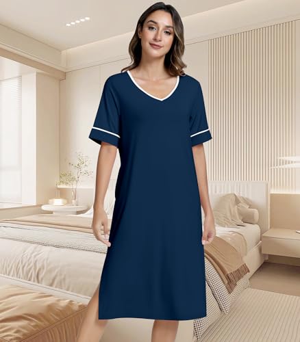 Image of NACHILA Bamboo Viscose Nightgowns for Women Cooling Night Gown with Pockets