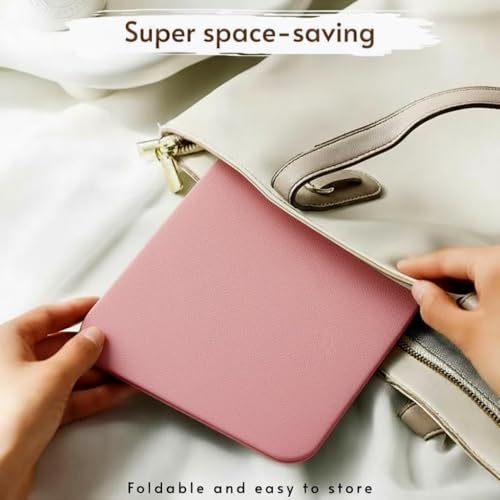 Image of Folding Portable Makeup Mirror with Adjustable Stand | HD Frameless Beveled Design | Travel-Friendly PU Leather Vanity Mirror for Desk, Dresser & Bathroom,Rectangular (Pink Round Edge Mirror)