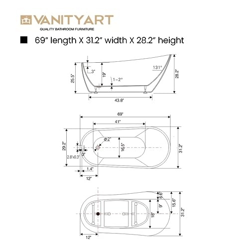 Vanity Art 67 X 32 Inches Freestanding White Acrylic Bathtub Modern Stand Alone Soaking Tub With Upc Certified Slotted Overflow And Pop-Up Drain Va6522-L #TOP5