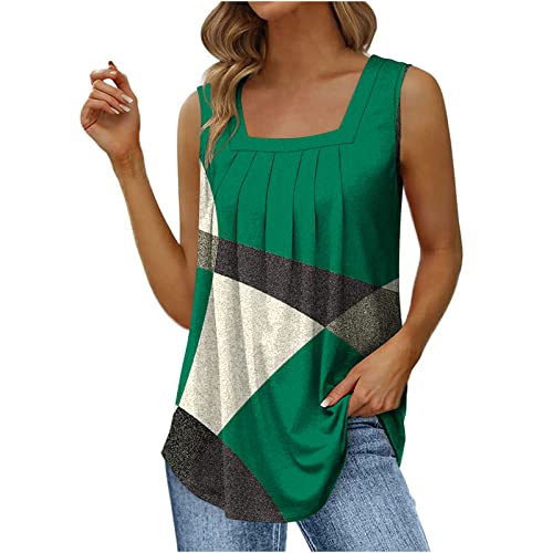 Camiseta de tirantes para mujer, sin mangas, bloque de color, patchwork, cuello cuadrado, camiseta de tirantes con pliegues, blusa de moda, camiseta de verano, ajuste holgado, camiseta básica,
