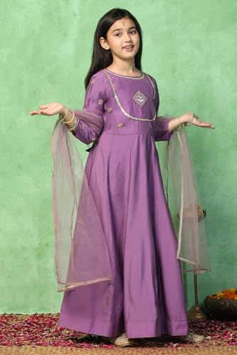Image of Fashion Dream Girls Chanderi Embroidered Maxi Dress with Dupatta|Ethnic Gown for Kids