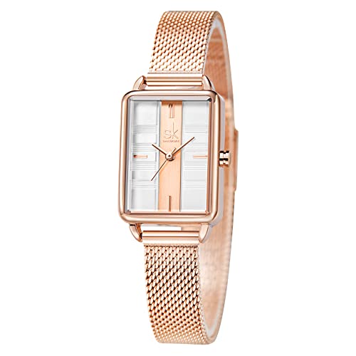 SHENGKE Reloj Femenino, Reloj de Cuarzo con Caja Rectangular y Correa de Malla milanesa de Acero Inoxidable, Reloj de Vestir de Clase Informal de Negocios, Reloj Femenino Cover