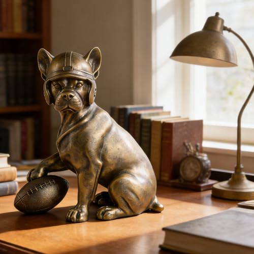 Image of Dog Statue Bulldog Football Player Dog Sculpture Home Decor for Shelves Office Living Room Bedroom Mantle TV Stand Gifts for Dog Football Lovers