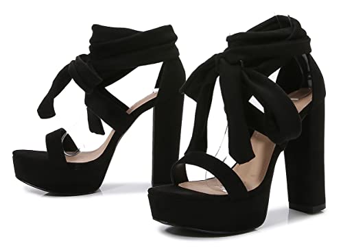 YooPrettyz Women Suede Platform Stiletto Heels Crisscrossed Straps Lace Up Finish Classic Chunky Heels