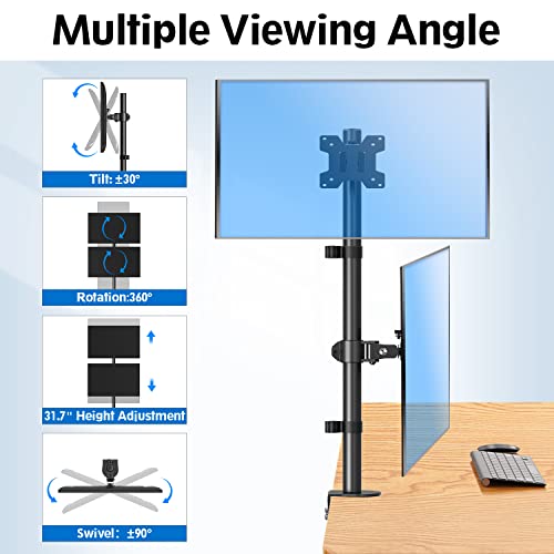 Image of MOUNTUP Dual Monitor Stand, Vertical Mount for 2 Max 32 inch Stack Screen Monitors, Height Adjustable, Swivel, Tilt Monitor Desk Mount with C Clamp Grommet Base, MU3004
