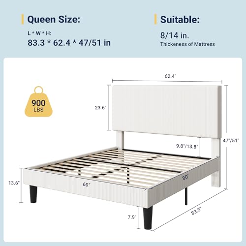 Image of Allewie Queen Bed Frame, Corduroy Tufted Headboard, White | Soft Corduroy Fabric, Adjustable Headboard, 900 lb Capacity, Wooden Slats, No Box Spring Needed, Easy Assembly