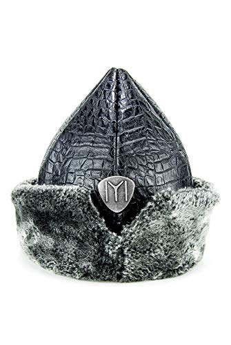 Turkish Ottoman Bork Hat, Ertugrul Leather Fur Winter Cap, Coat of Arms Kayi Tribe Alp IYI, Grey Faux Fur and Black Faux Leather