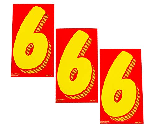 Image of EZ Line Vinyl Decals for Cars Red and Yellow Large Number Stickers Windshield Numbers Dealer Supplies EZ136 (Number 6)