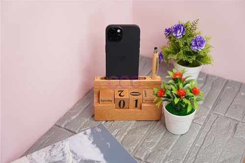 Image of CRAFT CLOSET & GIFTS Wooden Stylish Rolling Table Calendar Design Single Pen /Pencil Holder + Mobile Stand - Personalized Office Desk Supplies Accessory - Wood Life Time Perpetual Infinite Calendar