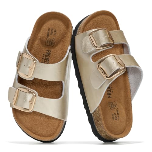 Image of Project Cloud Kids Sandals 100% Genuine Leather - Natural Cork Footbed Non-Slip Slides for Kids - Lightweight Boys & Girls Sandals - Water-Resistant Girls & Boys Sandals