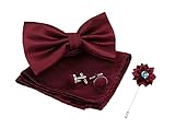 KRAWATTE Men’s Maroon Microfiber Bow Tie Set with Matching Pocket Square & Cufflinks – Formal Accessory Combo for Weddings, Parties & Business Events
