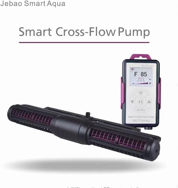 Jebao Smart Cross-Flow Pump with its LCD controller displaying 'F 85' and wave patterns